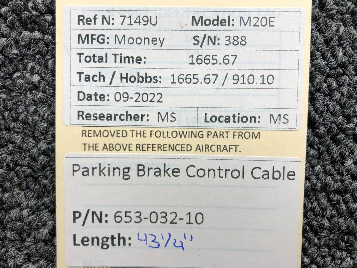 Mooney Aircraft Parts and Accessories 653-032-10 Mooney M20E Parking Brake Control Cable Length 43-1/4