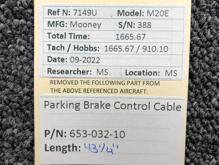 Mooney Aircraft Parts and Accessories 653-032-10 Mooney M20E Parking Brake Control Cable Length 43-1/4