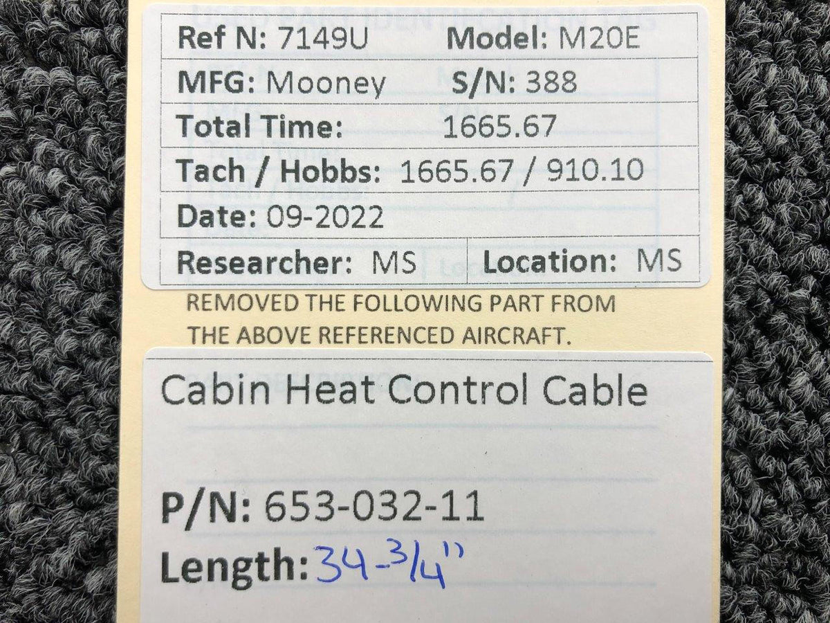 Mooney Aircraft Parts and Accessories 653-032-11 Mooney M20E Cabin Heat Control Cable Length 34-3/4