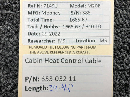Mooney Aircraft Parts and Accessories 653-032-11 Mooney M20E Cabin Heat Control Cable Length 34-3/4