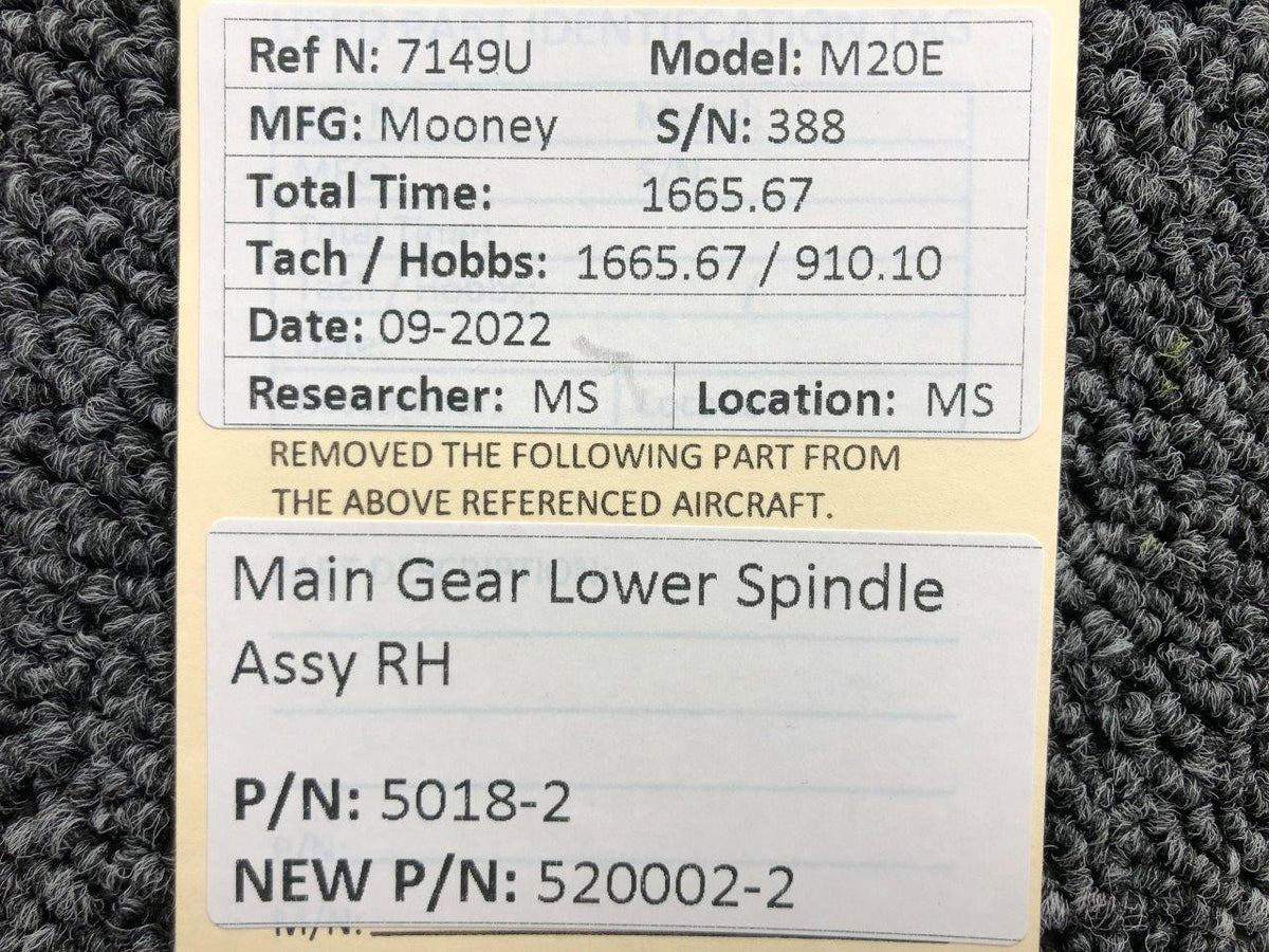 Mooney Aircraft Parts and Accessories 5018-2 USE 520002-2 Mooney M20E Main Gear Lower Spindle Assy RH