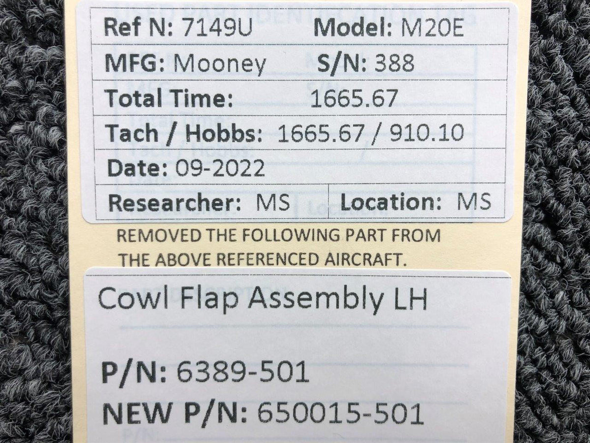 Mooney Aircraft Parts and Accessories 6389-501 USE 650015-501 Mooney M20E Cowl Flap Assembly LH