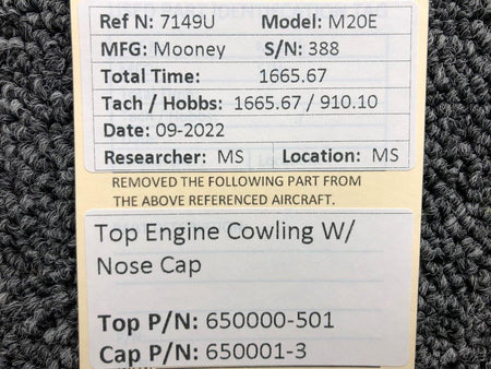 Mooney Aircraft Parts and Accessories 650000-501 / 650001-3 Mooney M20E Top Engine Cowling W/ Nose Cap