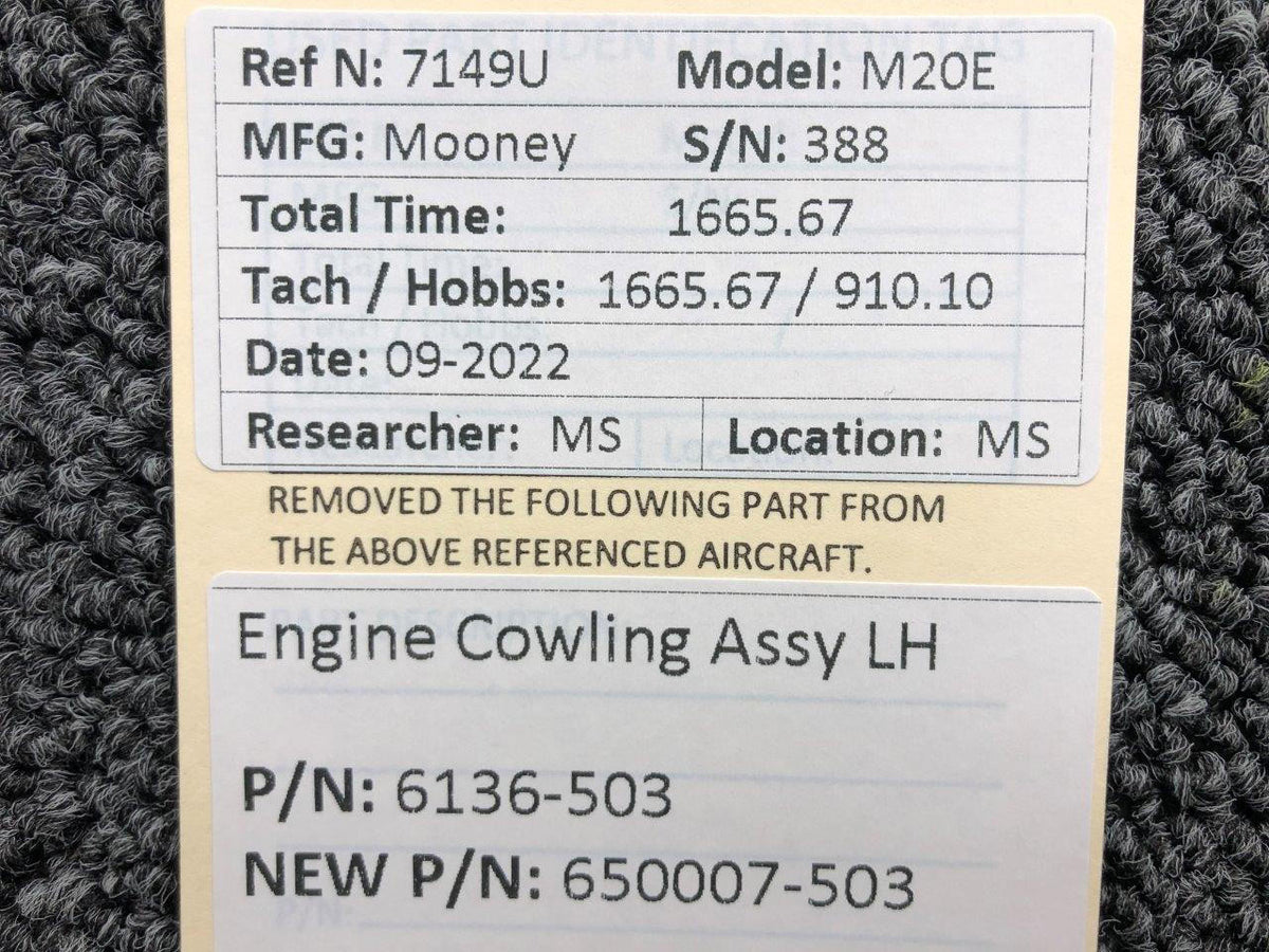 Mooney Aircraft Parts and Accessories 6136-503 USE 650007-503 Mooney M20E Engine Cowling Assembly LH