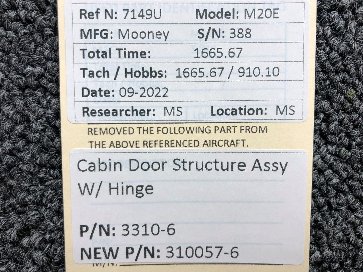 Mooney Aircraft Parts and Accessories 3310-6 USE 310057-6 Mooney M20E Cabin Door Structure Assy W/ Hinge