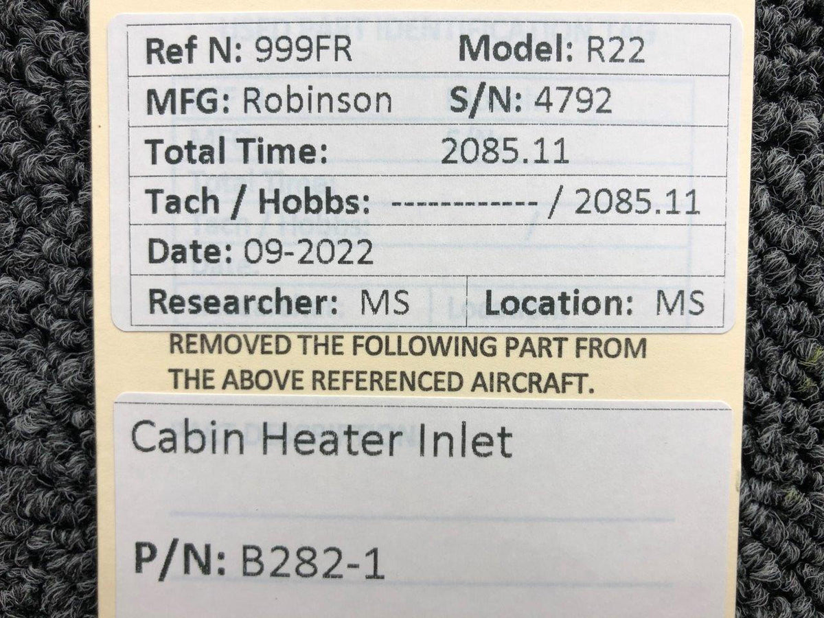 Robinson Helicopter and Airplane Parts B282-1 Robinson R22 Cabin Heater Inlet