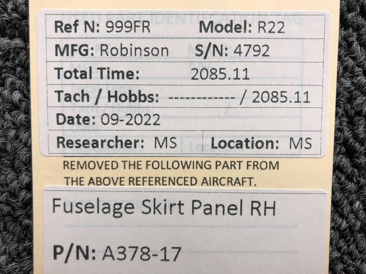 Robinson Helicopter and Airplane Parts A378-17 Robinson R22 Fuselage Shirt Panel RH