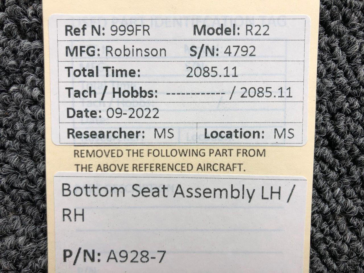 Robinson Helicopter and Airplane Parts A928-7 Robinson R22 Bottom Seat Assembly LH / RH