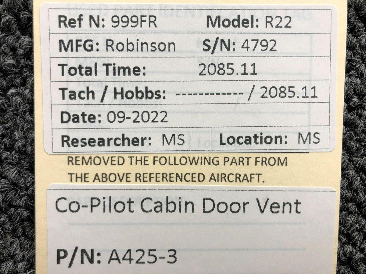 Robinson Helicopter and Airplane Parts A425-3 Robinson R22 Co-Pilot Cabin Door Vent
