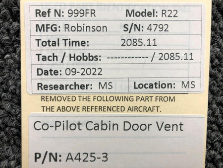 Robinson Helicopter and Airplane Parts A425-3 Robinson R22 Co-Pilot Cabin Door Vent