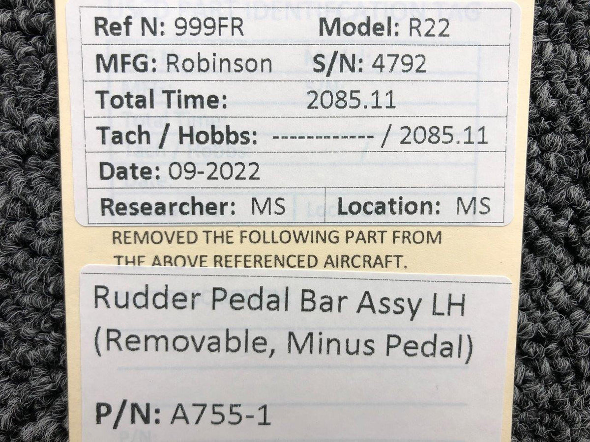 Robinson Helicopter and Airplane Parts A755-1 Robinson R22 Rudder Pedal Bar Assembly LH Removable