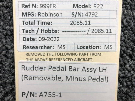 Robinson Helicopter and Airplane Parts A755-1 Robinson R22 Rudder Pedal Bar Assembly LH Removable