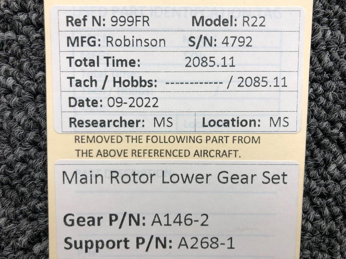 Robinson Helicopter and Airplane Parts A146-2 / A268-1 Robinson R22 Main Rotor Lower Gear Set W/ Support