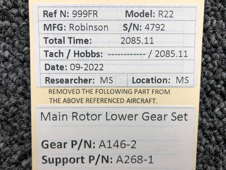 Robinson Helicopter and Airplane Parts A146-2 / A268-1 Robinson R22 Main Rotor Lower Gear Set W/ Support