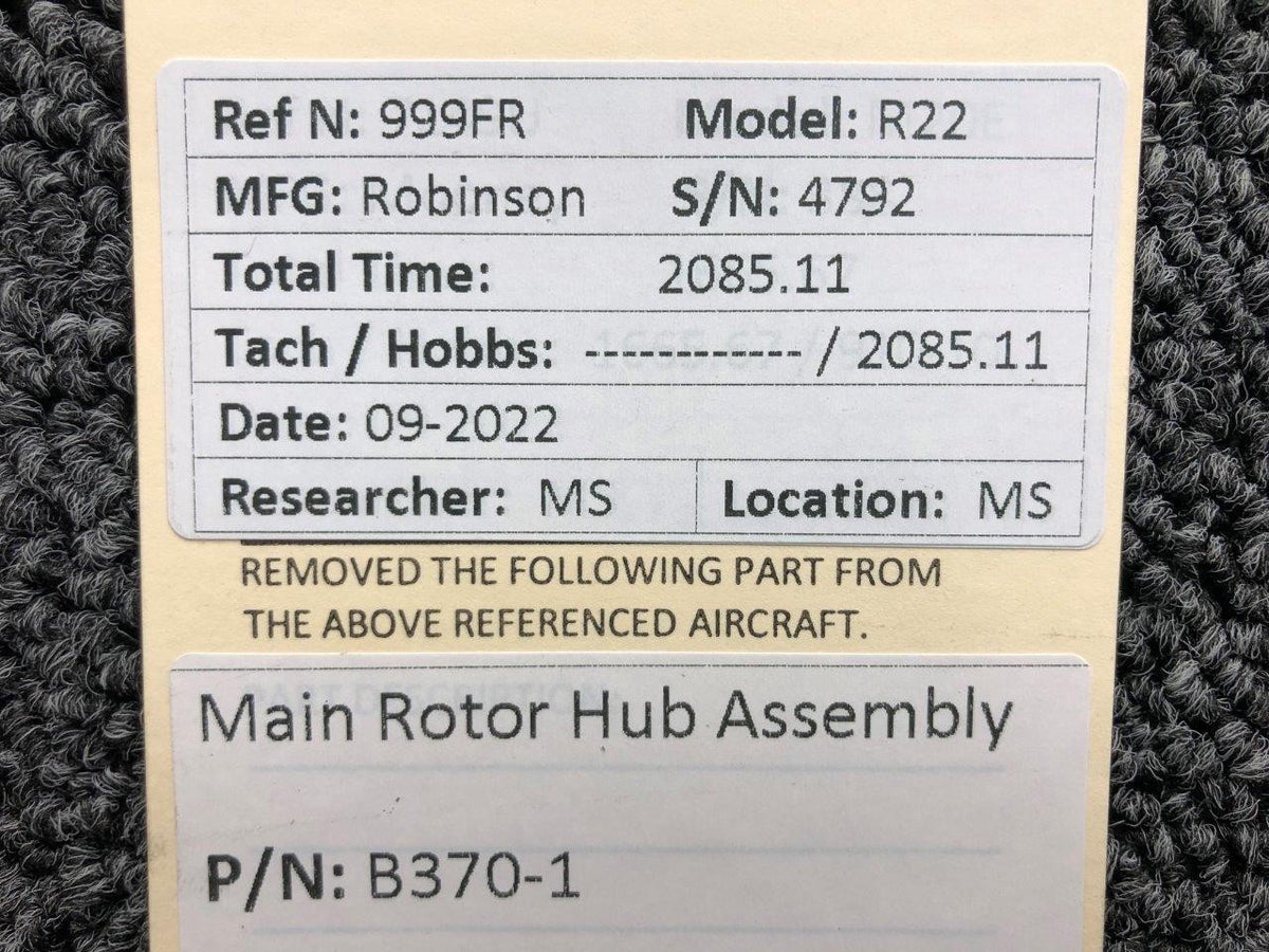 Robinson Helicopter and Airplane Parts B370-1 Robinson R22 Main Rotor Hub Assembly