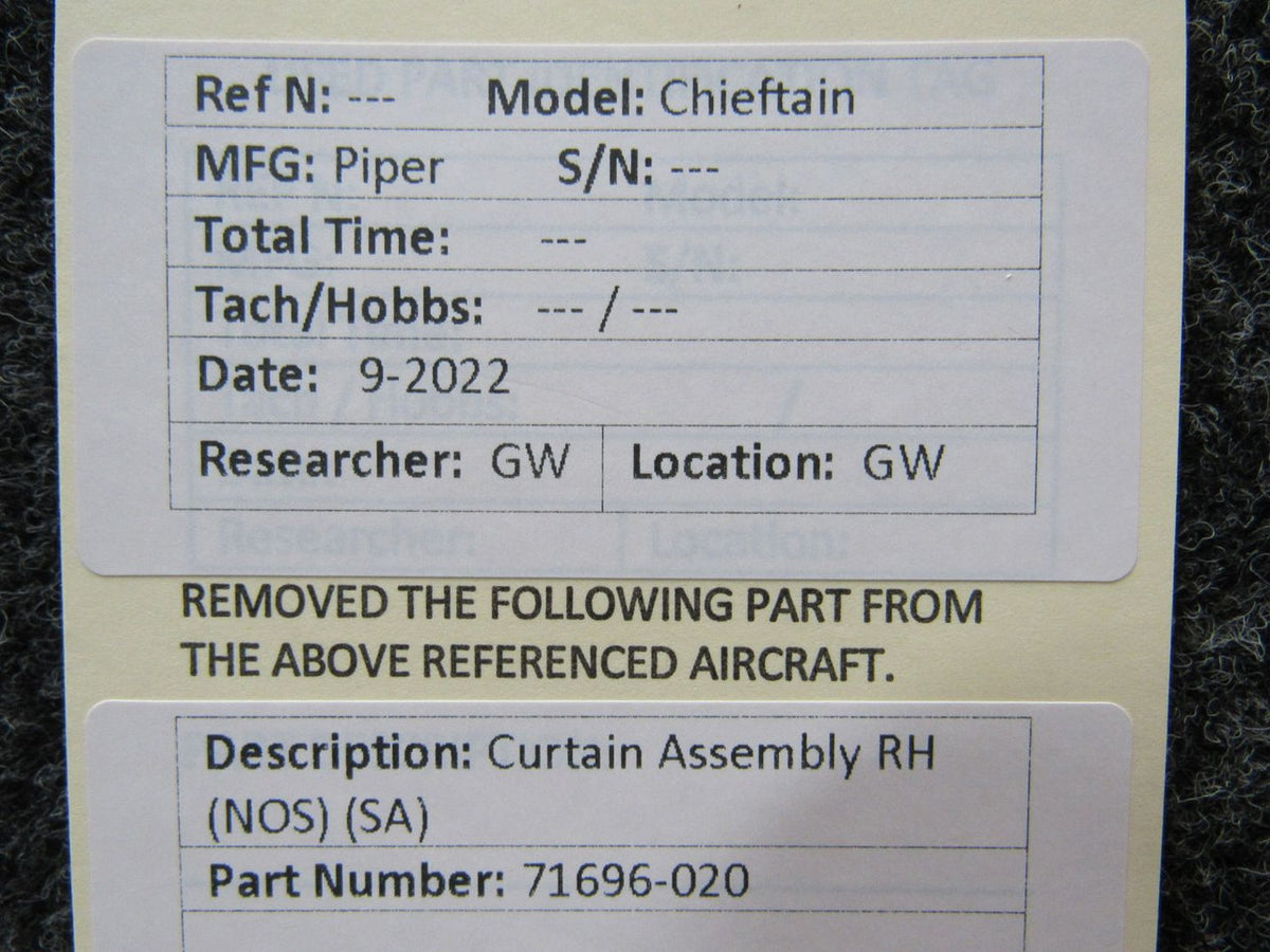 71696-020 Piper Chieftain Curtain Assembly RH (NEW OLD STOCK) (SA) BAS Part Sales | Airplane Parts