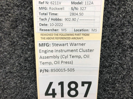 850015-505 Stewart Warner Engine Instrument Gauge Cluster Assembly BAS Part Sales | Airplane Parts