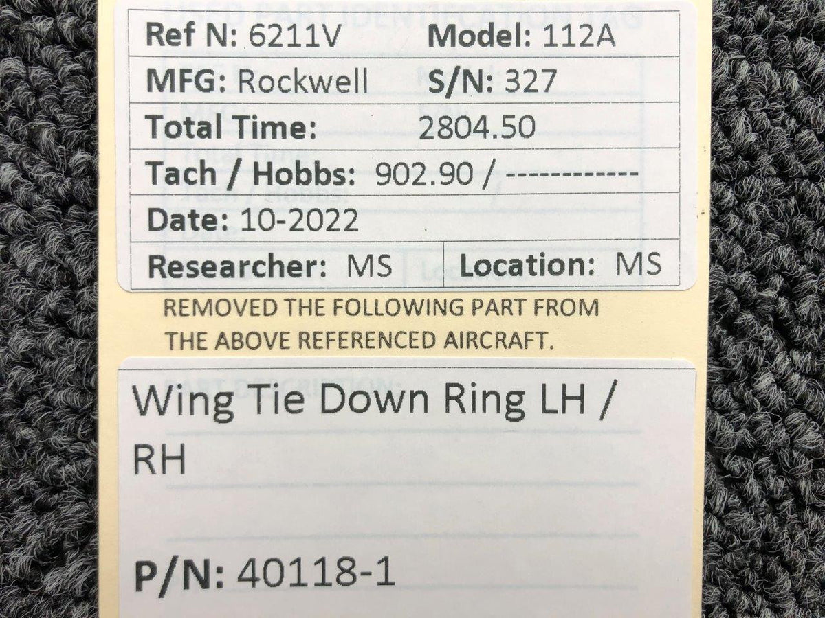 40118-1 Rockwell 112A Wing Tie Down Ring LH / RH BAS Part Sales | Airplane Parts