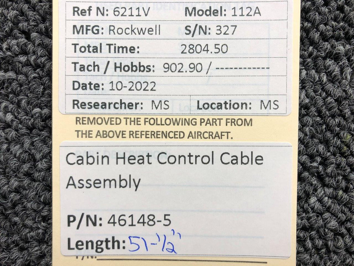 46148-5 Rockwell 112A Cabin Heat Control Cable Assembly (Length: 51-1/2") BAS Part Sales | Airplane Parts
