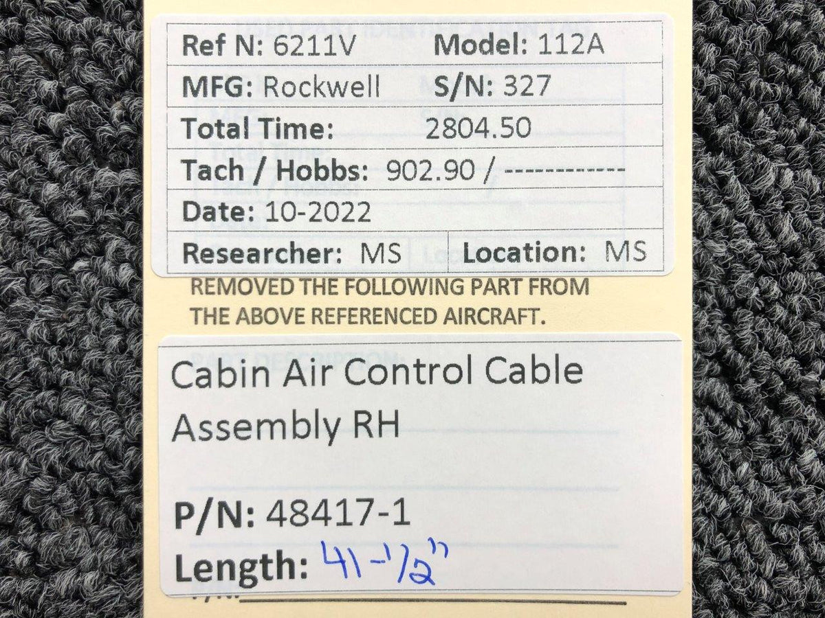 48417-1 Rockwell 112A Cabin Air Control Cable Assembly RH (Length: 41-1/2") BAS Part Sales | Airplane Parts