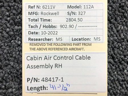 48417-1 Rockwell 112A Cabin Air Control Cable Assembly RH (Length: 41-1/2") BAS Part Sales | Airplane Parts