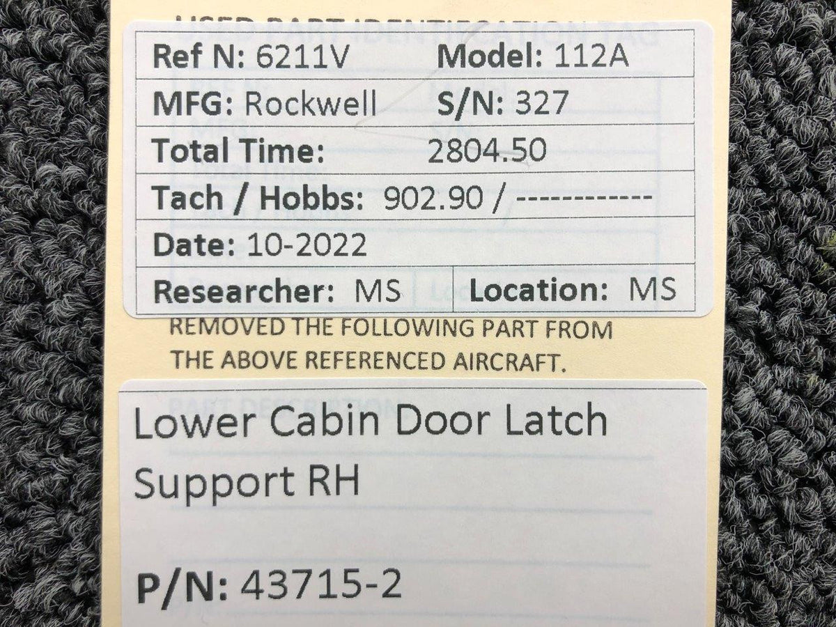 43715-2 Rockwell 112A Lower Cabin Door Latch Support RH BAS Part Sales | Airplane Parts