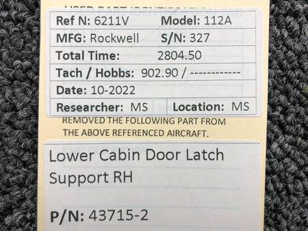 43715-2 Rockwell 112A Lower Cabin Door Latch Support RH BAS Part Sales | Airplane Parts