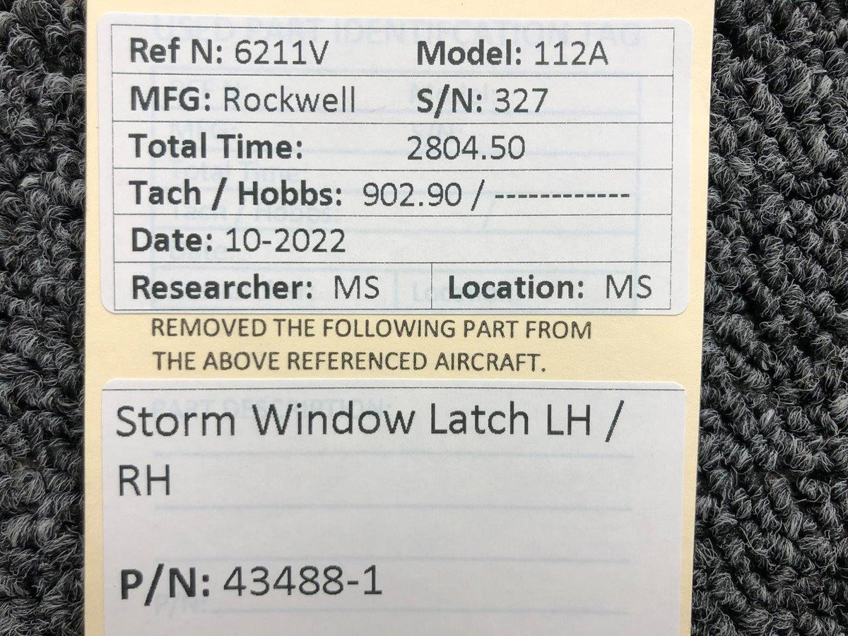 43488-1 Rockwell 112A Storm Window Latch LH / RH BAS Part Sales | Airplane Parts