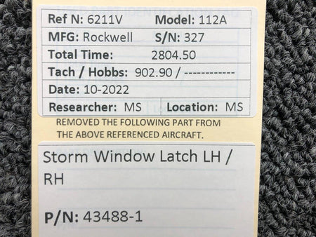 43488-1 Rockwell 112A Storm Window Latch LH / RH BAS Part Sales | Airplane Parts
