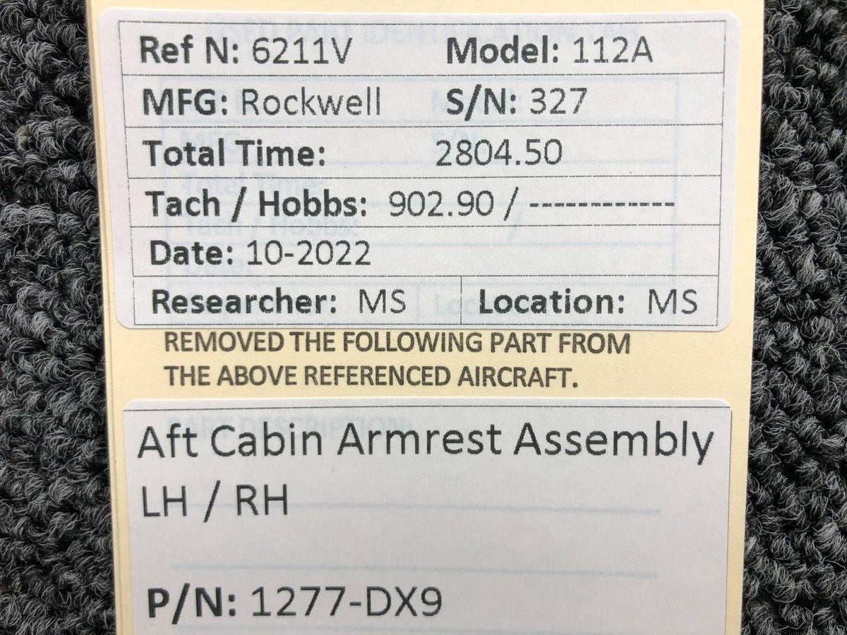1277-DX9 Rockwell 112A AFT Cabin Armrest Assembly LH / RH BAS Part Sales | Airplane Parts