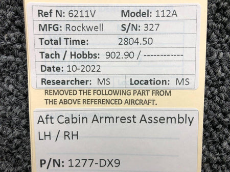 1277-DX9 Rockwell 112A AFT Cabin Armrest Assembly LH / RH BAS Part Sales | Airplane Parts