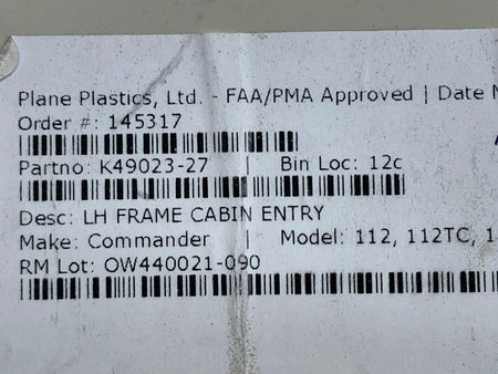 K49023-27 (ALT: 49023-27) Plane Plastics Panel Cover Frame LH BAS Part Sales | Airplane Parts