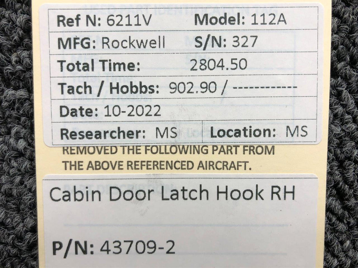 43709-2 Rockwell 112A Cabin Door Latch Hook RH BAS Part Sales | Airplane Parts