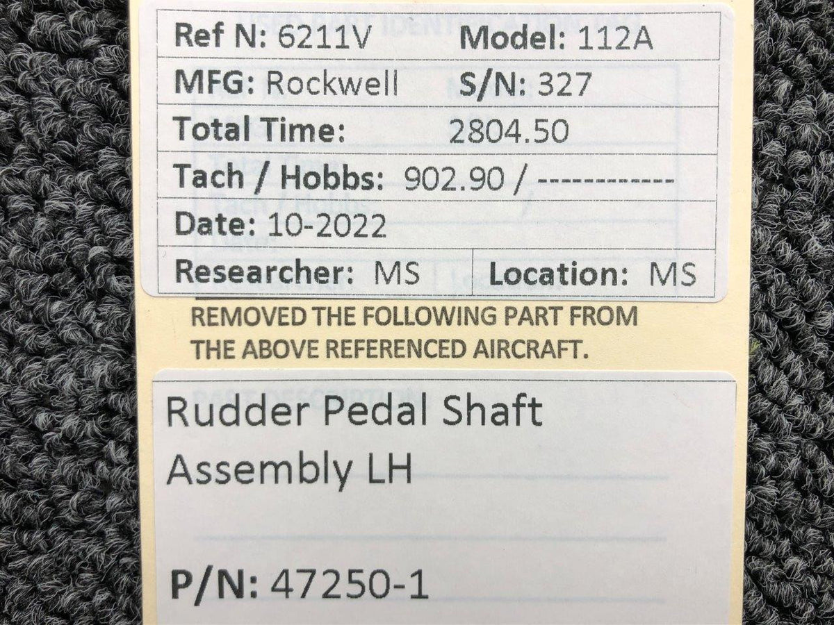 47250-1 Rockwell 112A Rudder Pedal Shaft Assembly LH BAS Part Sales | Airplane Parts