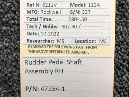 47254-1 Rockwell 112A Rudder Pedal Shaft Assembly RH BAS Part Sales | Airplane Parts