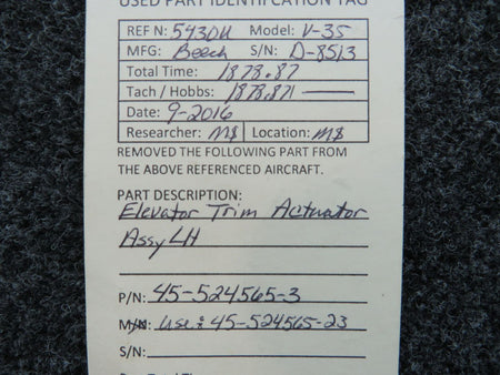 45-524565-3 (USE: 45-524565-23) Beechcraft V-35 Elevator Trim Actuator Assembly BAS Part Sales | Airplane Parts
