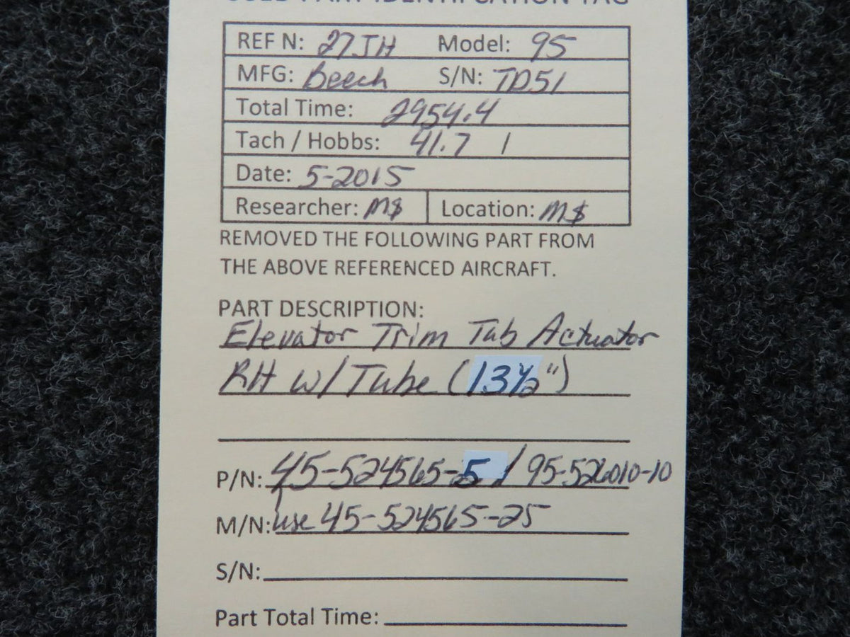 45-524565-5 / 95-526010-10 Beechcraft 95 Elevator Actuator RH W/ Tube (13-1/2") BAS Part Sales | Airplane Parts