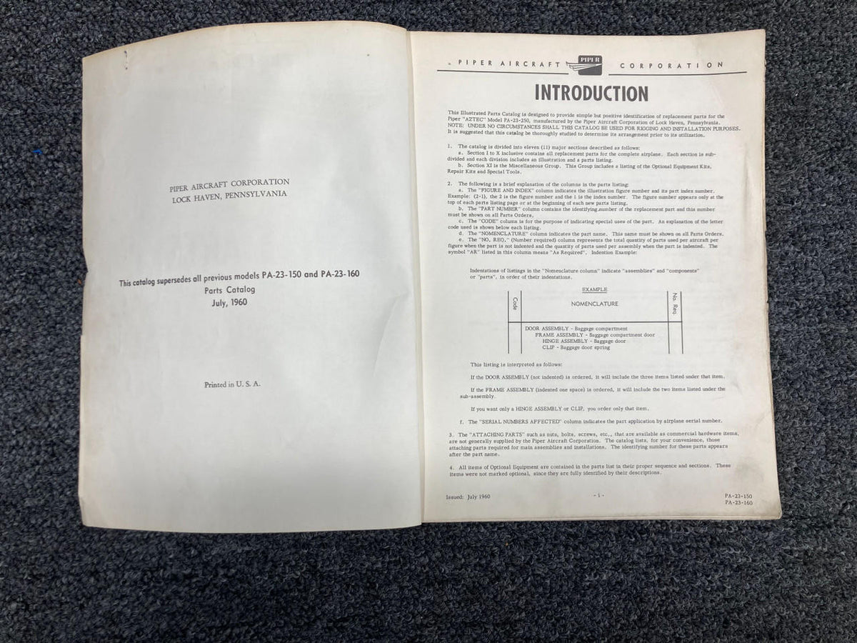 Piper Aircraft Parts 1960 Piper PA-23 Parts Catalog