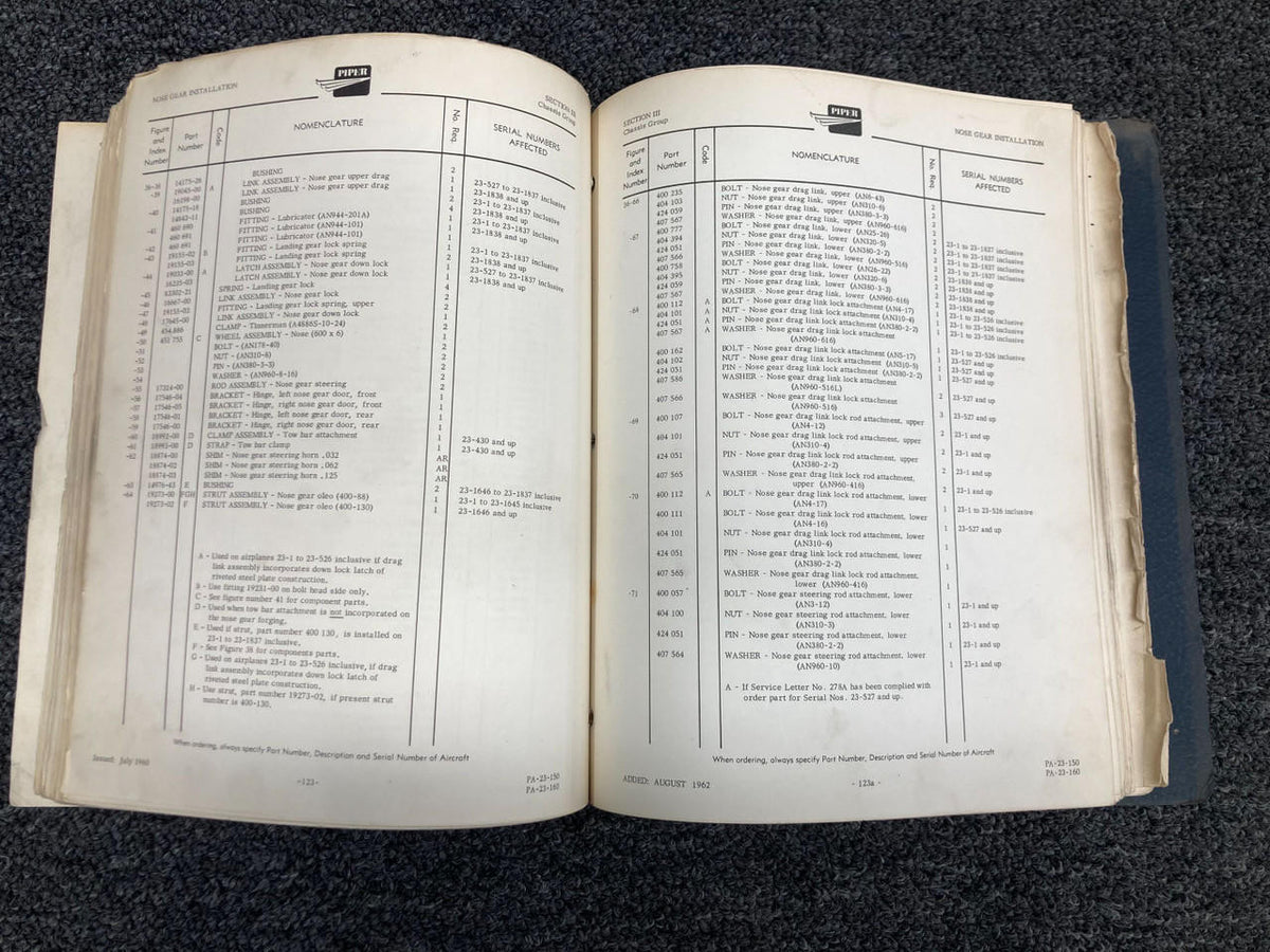 Piper Aircraft Parts 1960 Piper PA-23 Parts Catalog
