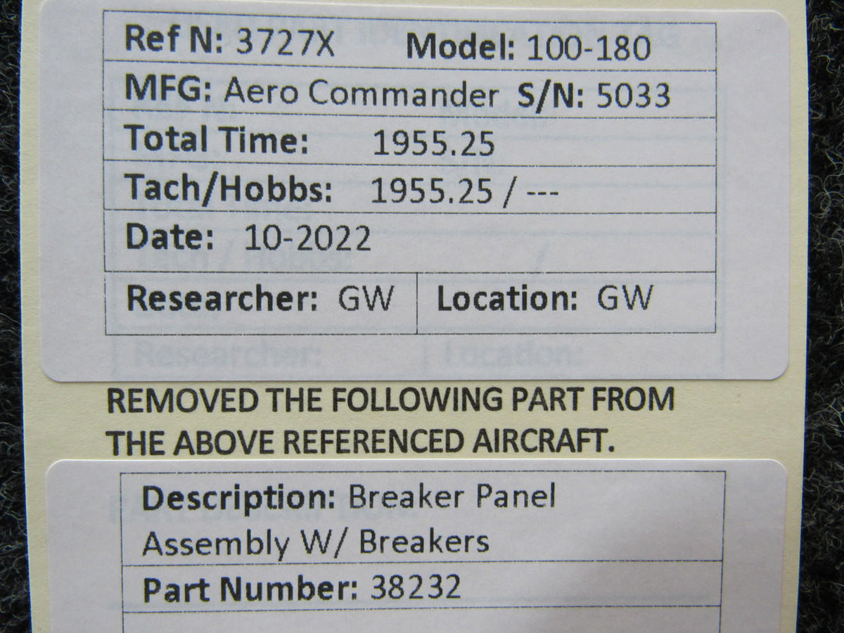 Aero Commander 38232 Aero Commander 100-180 Breaker Panel Assembly W/ Breakers