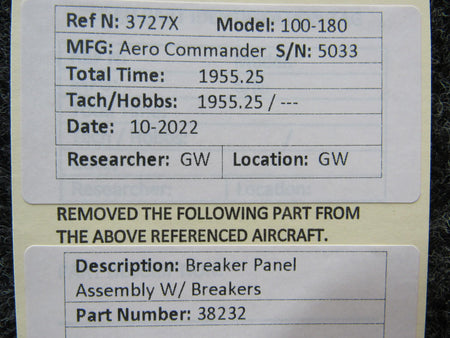 Aero Commander 38232 Aero Commander 100-180 Breaker Panel Assembly W/ Breakers