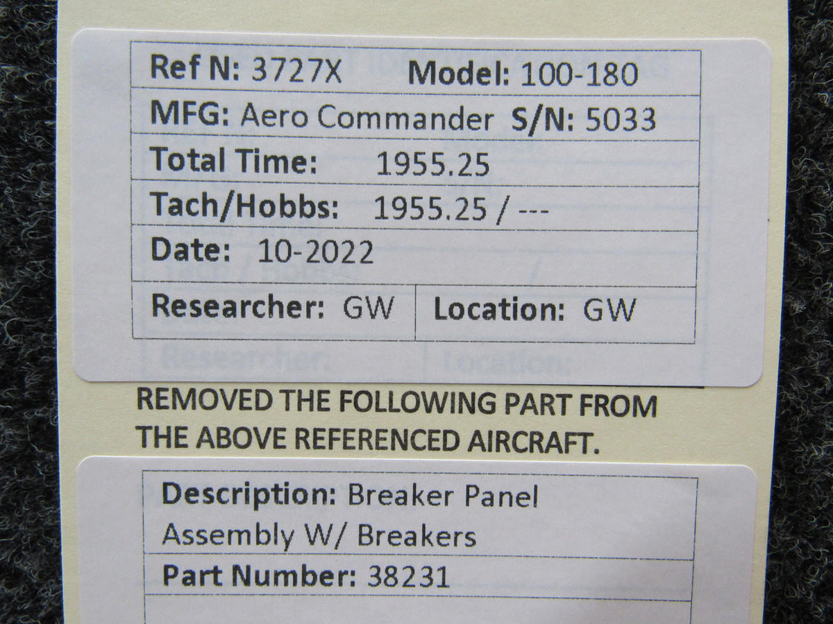 Aero Commander 38231 Aero Commander 100-180 Breaker Panel Assembly W/ Breakers