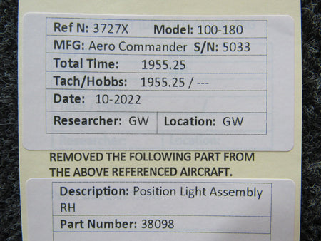 Aero Commander 38098 Aero Commander 100-180 Position Light Assembly RH