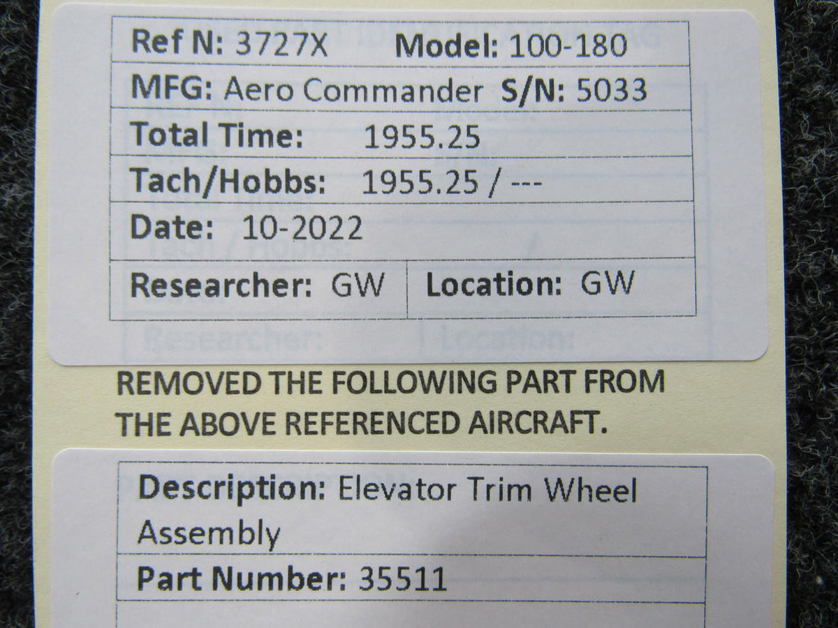 Aero Commander 35511 Aero Commander 100-180 Elevator Trim Wheel Assembly