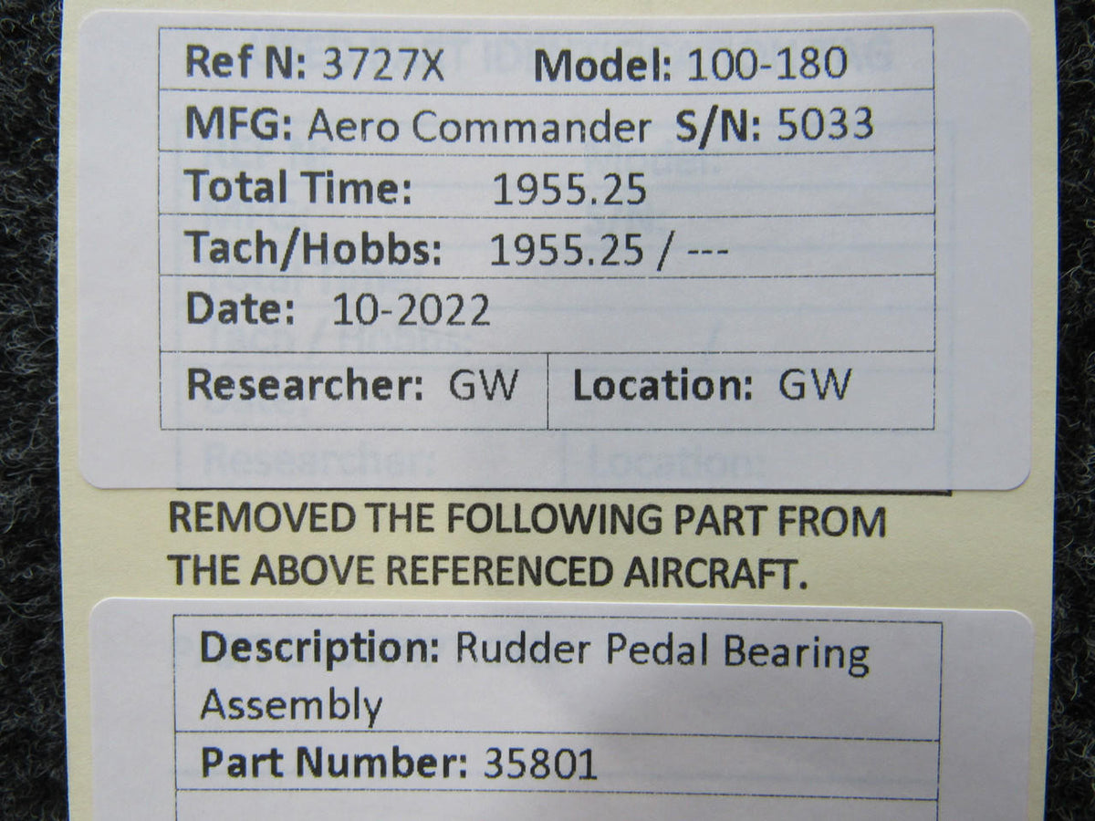 Aero Commander 35801 Aero Commander 100-180 Rudder Pedal Bar Bearing Assembly