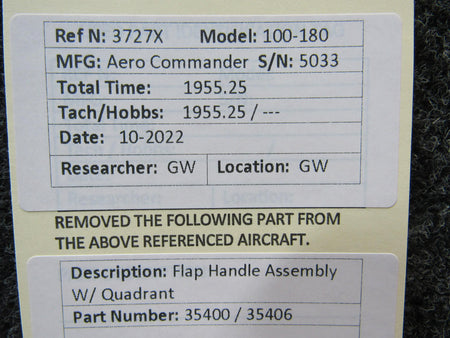 Aero Commander 35400 / 35406 Aero Commander 100-180 Flap Handle Assembly W/ Quadrant