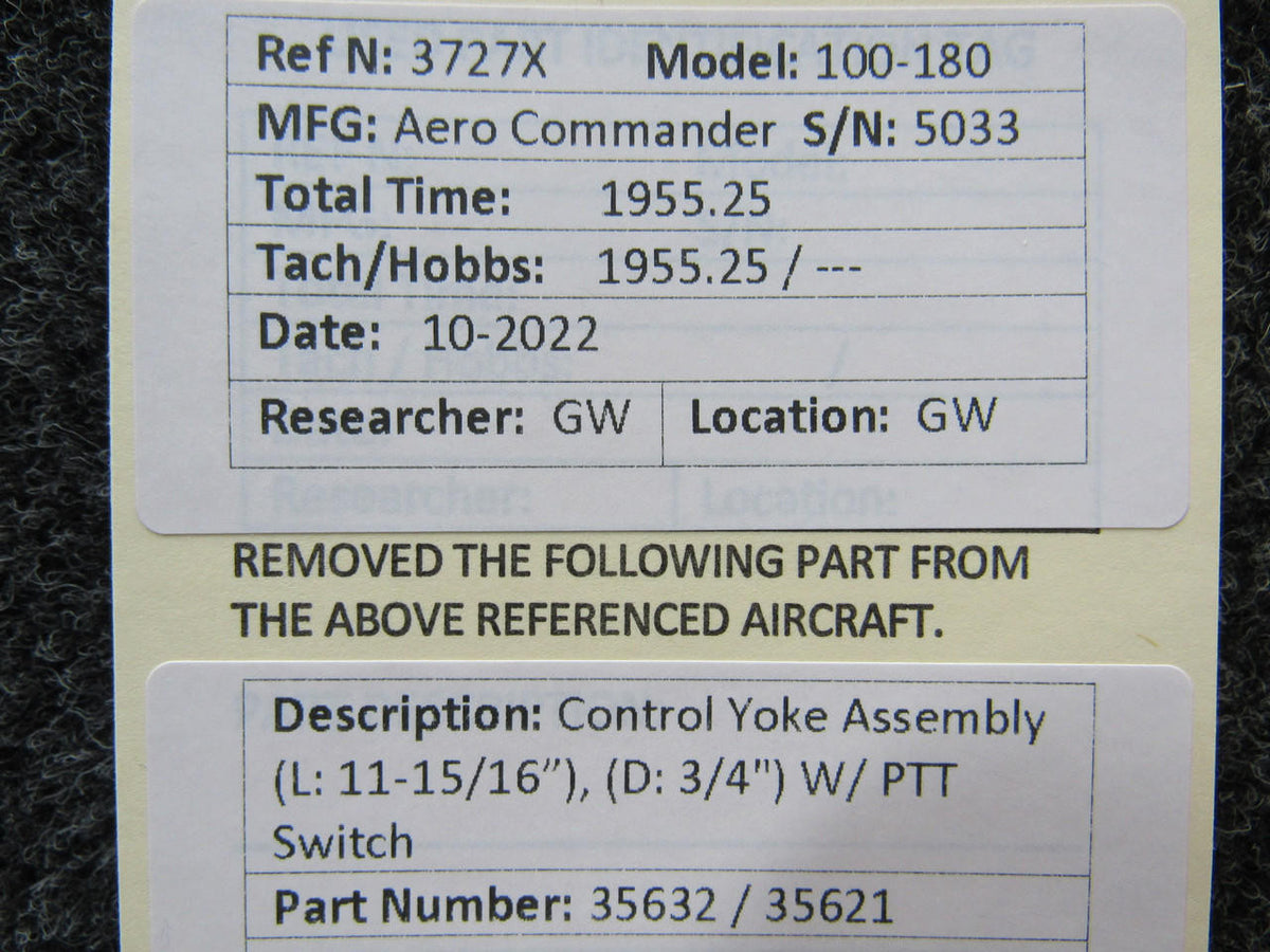 Aero Commander 35632 / 35621  Aero Commander 100-180 Control Yoke Assy (L: 11-15/16," D: 3/4")