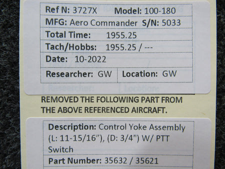 Aero Commander 35632 / 35621  Aero Commander 100-180 Control Yoke Assy (L: 11-15/16," D: 3/4")