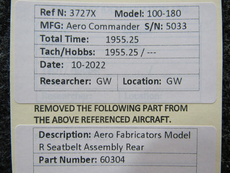 Aero Fabricators 60304 Aero Fabricators Model R Seatbelt Assembly Rear