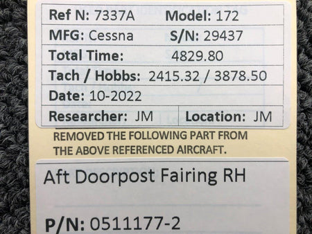 Cessna Aircraft Parts 0511177-2 Cessna 172 AFT Doorpost Fairing Assembly RH